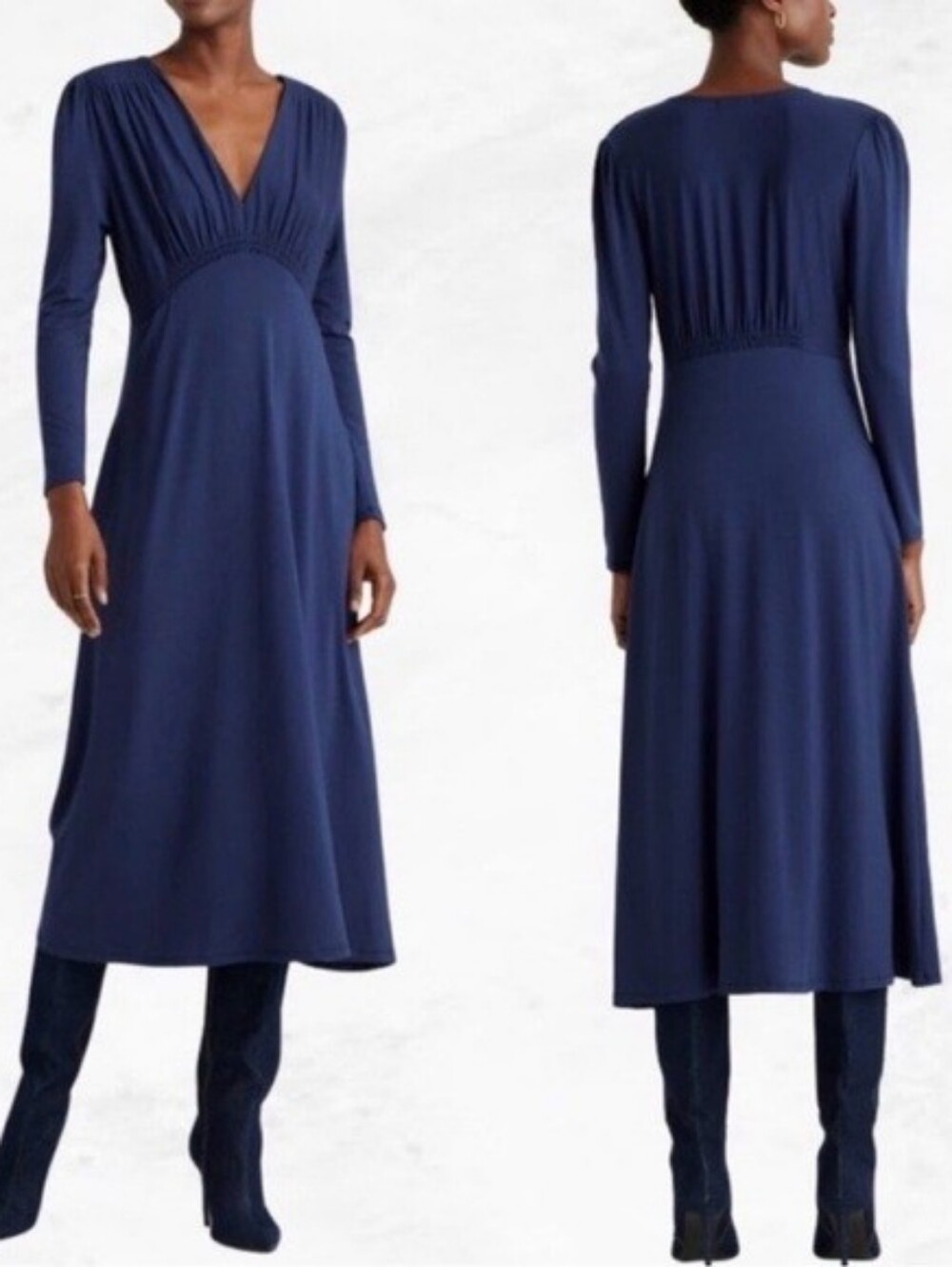 Quince Tencel Jersey V-Neck Long Sleeve Midi Dress navy Blue
